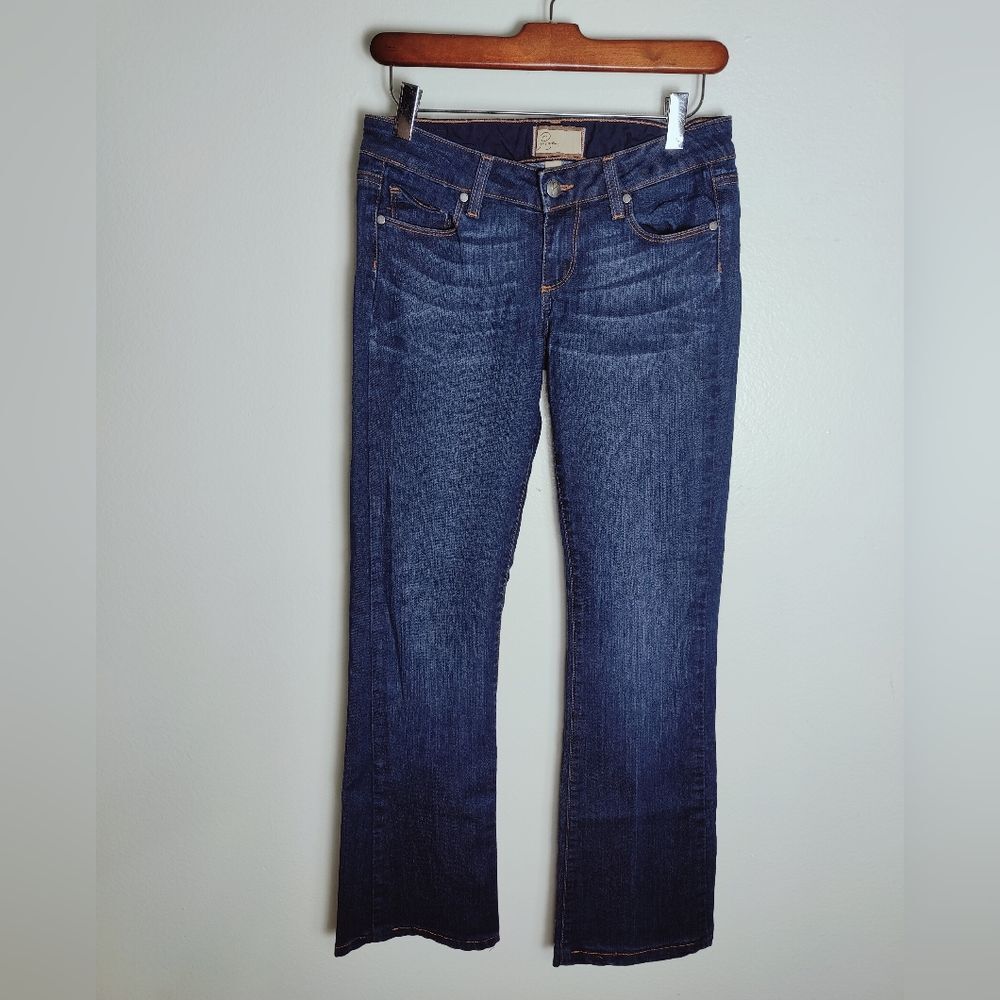 EUC Paige Canyon Boot Cut Low Rise Dark Blue Rinse Jeans, Sz 25